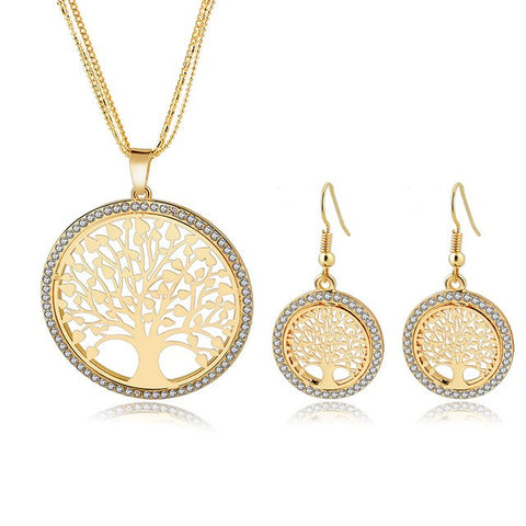 LongWay Gold Color Tree Of Life Jewelry Sets For Women Girl Necklace Earrings Bridal Wedding Crystal Jewellery Set