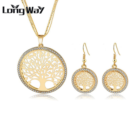 LongWay Gold Color Tree Of Life Jewelry Sets For Women Girl Necklace Earrings Bridal Wedding Crystal Jewellery Set