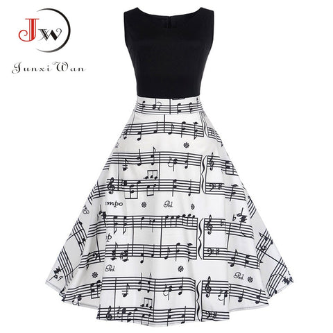 V Collar Music Note Print Sleeveless Dress Summer Big Swing 50s 60s Vintage Dresses Elegant Party Patchwork Dress