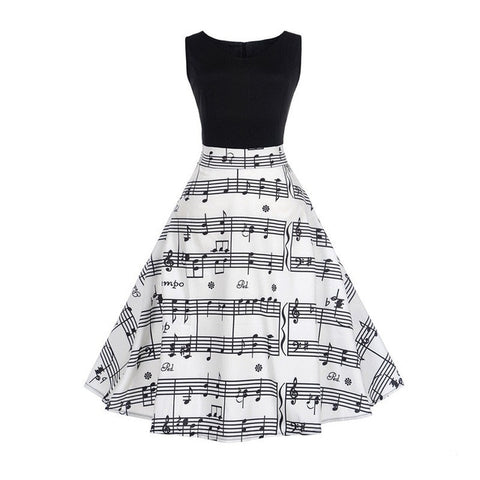 V Collar Music Note Print Sleeveless Dress Summer Big Swing 50s 60s Vintage Dresses Elegant Party Patchwork Dress