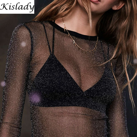 Spring Summer Women's Sexy Black See Through Mesh Blouse Transparent Shining Fitness Shirt Fashion Tops For Party Club