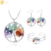 CSJA Life of Tree Set Natural Chip Stone Rainbow Chakra Gravel Earrings Necklace Adjustable Open Bangle Cuff Reiki Jewelry F649
